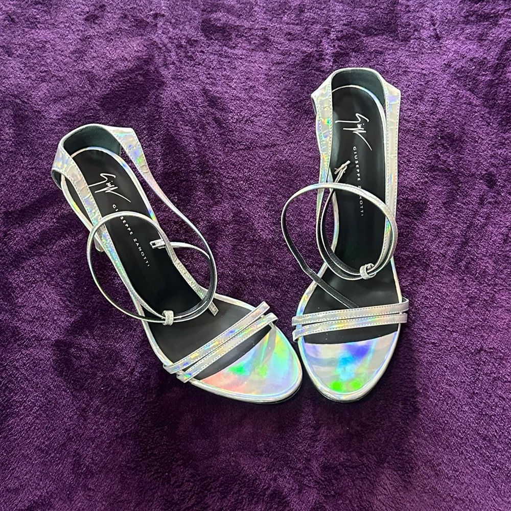 Giuseppe Zanotti Catia 105 Silver Metallic Ankle-Wrap Heels Sz 40.5 | Worn Once